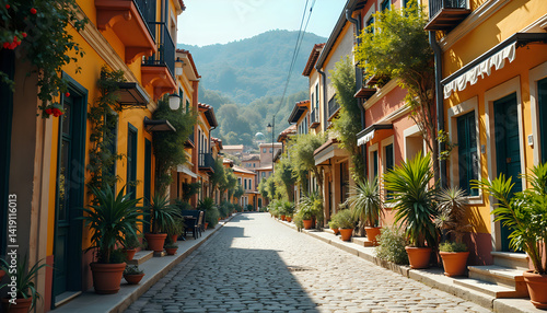 Mediterranean cobblestone street charming colorful represents peaceful European village travel [with copy space]