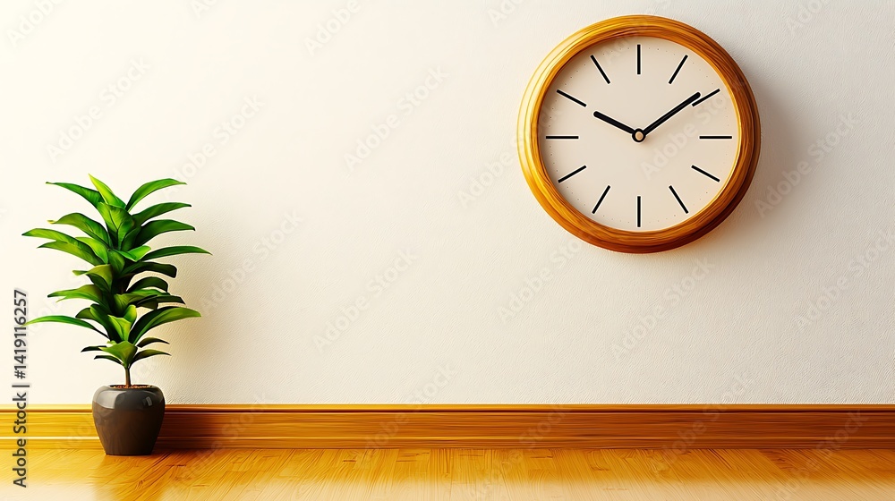 custom made wallpaper toronto digitalModern interior with a wooden clock on the wall, a green plant in a pot, and wooden flooring