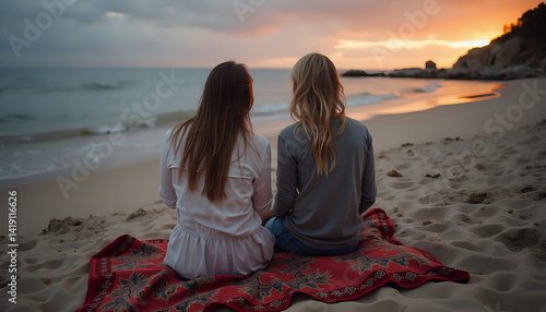 Two women friends peaceful contemplative watching ocean represents friendship connection tranquility at beach sunset