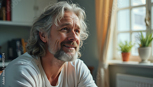 Middle-aged Man relaxed content smiling looking away home interior window background