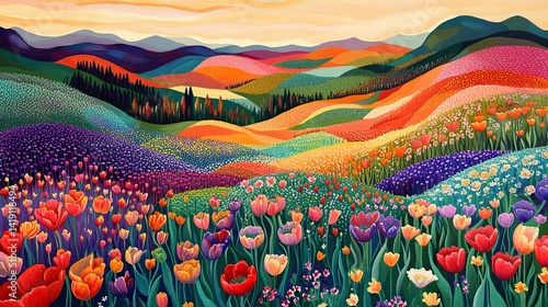 Vivid chromatic meadow of blooming tulips with rolling hills backdrop