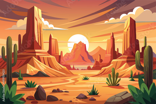 
Desert landscape of canyon scenery with cactus and butte. Panoramic view of wild west desert with cacti and a sunset sky. Vector illustration of the scenic Arizona desert with buttes and mesas.