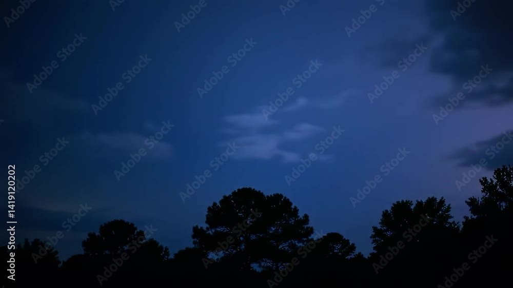 A Dramatic Night Sky Illuminated by Lightning Over Dark Silhouetted Trees During a Thunderstorm, Captured in a Striking Blue Hue A Dramatic Night Sky Illuminated by Lightning Over Dark Silhouetted Trees During a Thunderstorm, Captured in a Striking Blue Hue