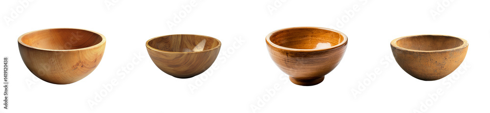 Assortment of wooden and clay handmade bowls, cut out transparent Assortment of wooden and clay handmade bowls, cut out transparent