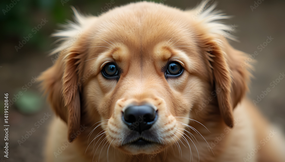 Obraz premium Golden puppy with curious mood looking attentively against blurred background