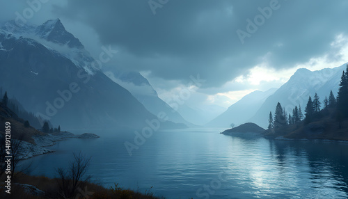 Misty mountain lake reflecting snow capped peaks cool colors serene melancholic [with copy space]