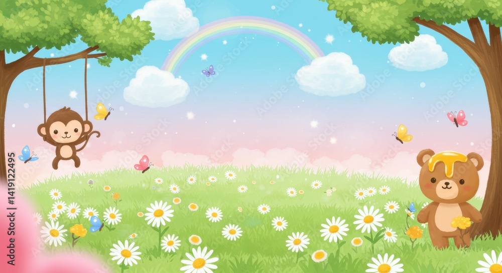 Naklejka premium Playful Monkey and Honey Bear in a Flower Field