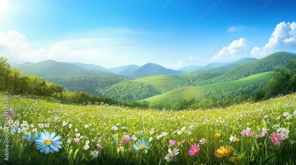 Fototapeta premium Flowering meadow, rolling hills, sunny sky.
