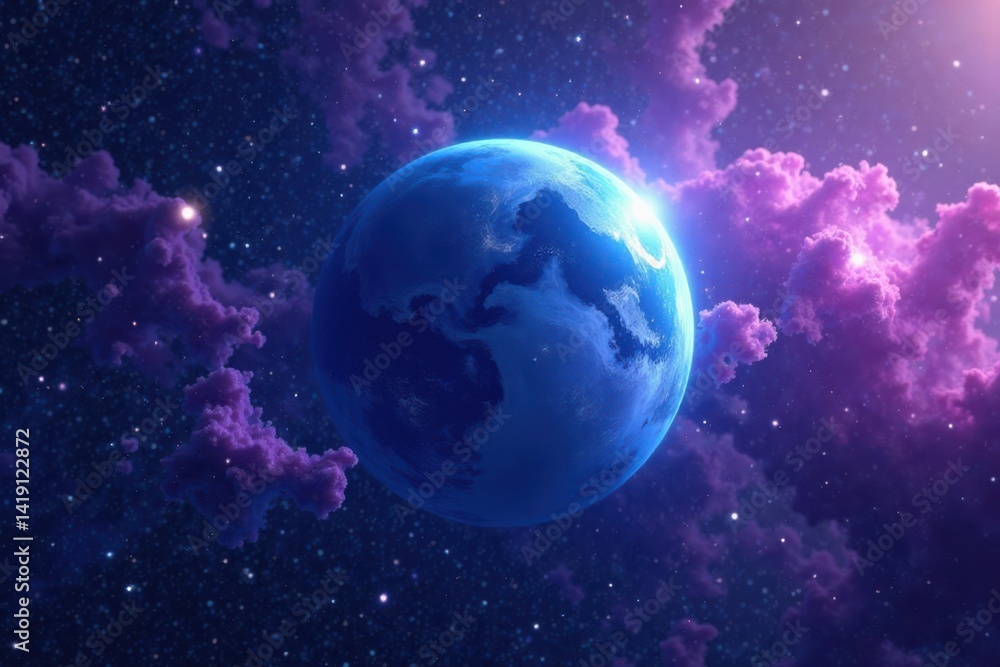 Fototapeta premium Ethereal blue planet surrounded by vibrant purple nebulae, glowing nebula, celestial