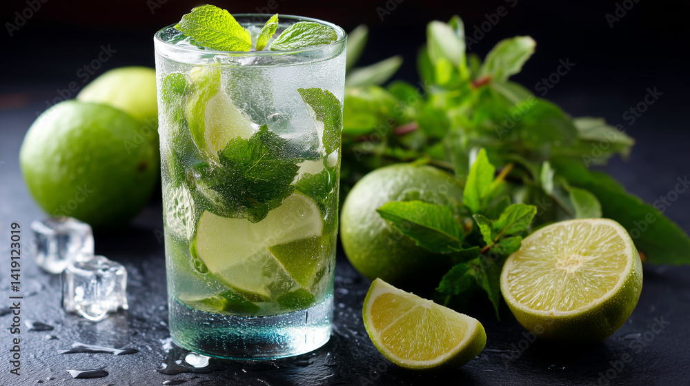 Fototapeta premium Mojito cocktail with lime and mint on a dark background