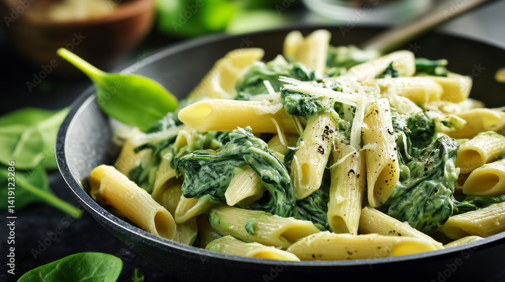 custom made wallpaper toronto digitalPenne pasta with spinach, parmesan and basil on a plate
