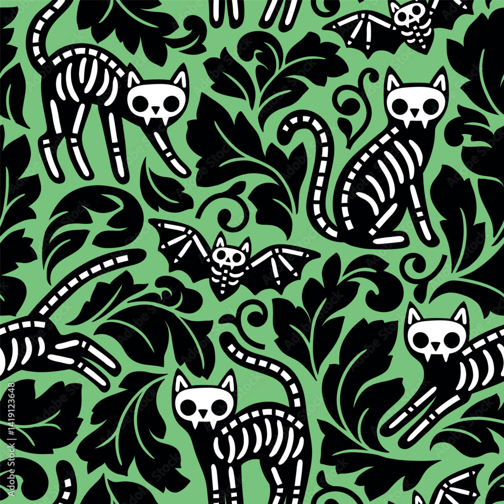 Fototapeta premium Seamless vector pattern with Halloween black cat skeletons. Hand drawn spooky cat damask. EPS 10 vector file. Perfect for textile, wallpaper or print design.