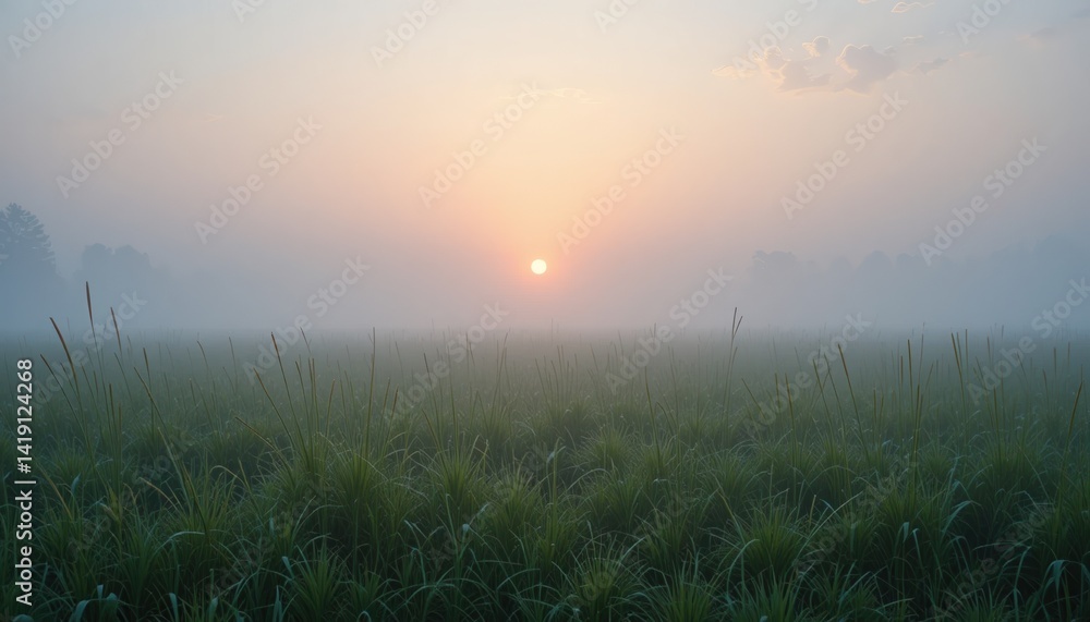 Fototapeta premium Breathtaking sunrise over misty field nature photography peaceful atmosphere early morning serenity scenic landscape tranquil environment
