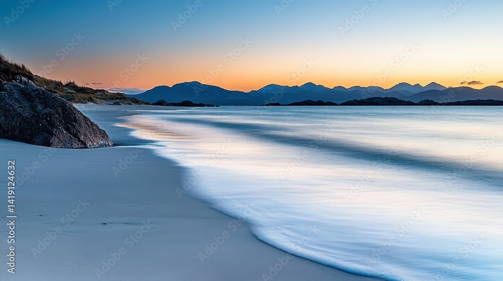 Serene beach sunset; calm waves, distant mountains. Serene beach sunset; calm waves, distant mountains.