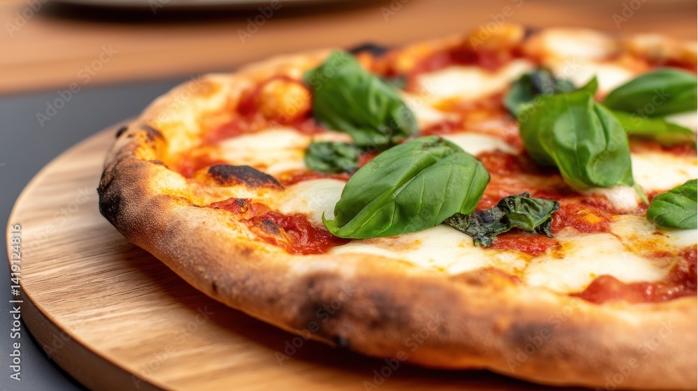 Freshly baked Margherita pizza with basil leaves on a wooden board in a cozy dining setting Freshly baked Margherita pizza with basil leaves on a wooden board in a cozy dining setting