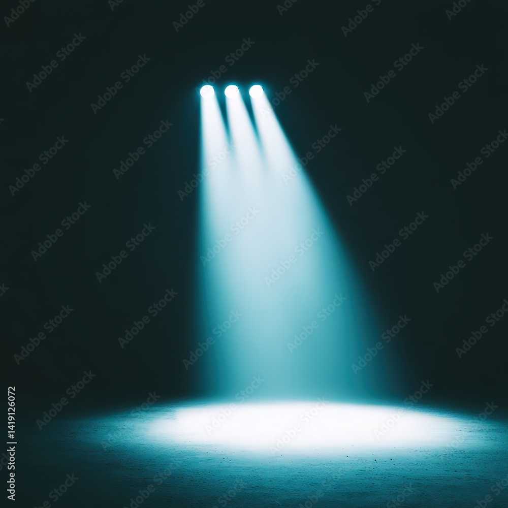 Empty concert stage with dramatic lighting beams and fog effects, modern LED rig