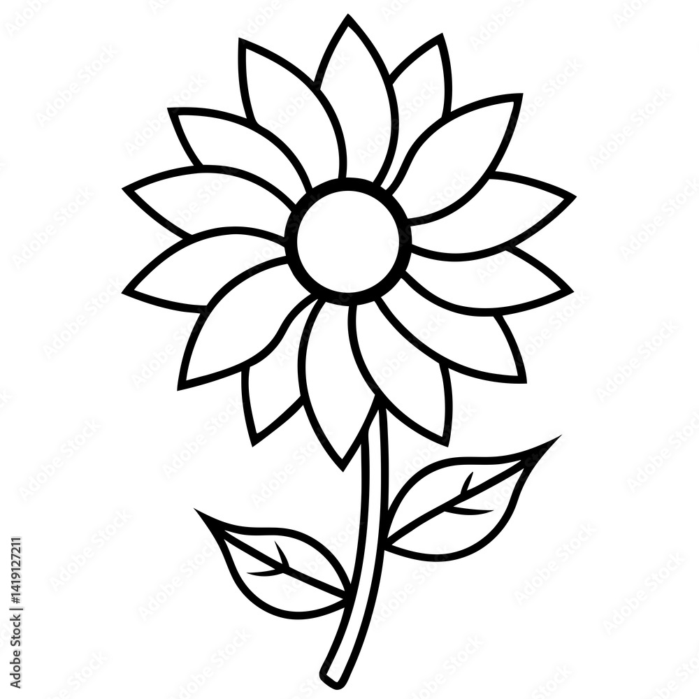 Fototapeta premium sunflower with 2 leaf line art vector illustration on white background