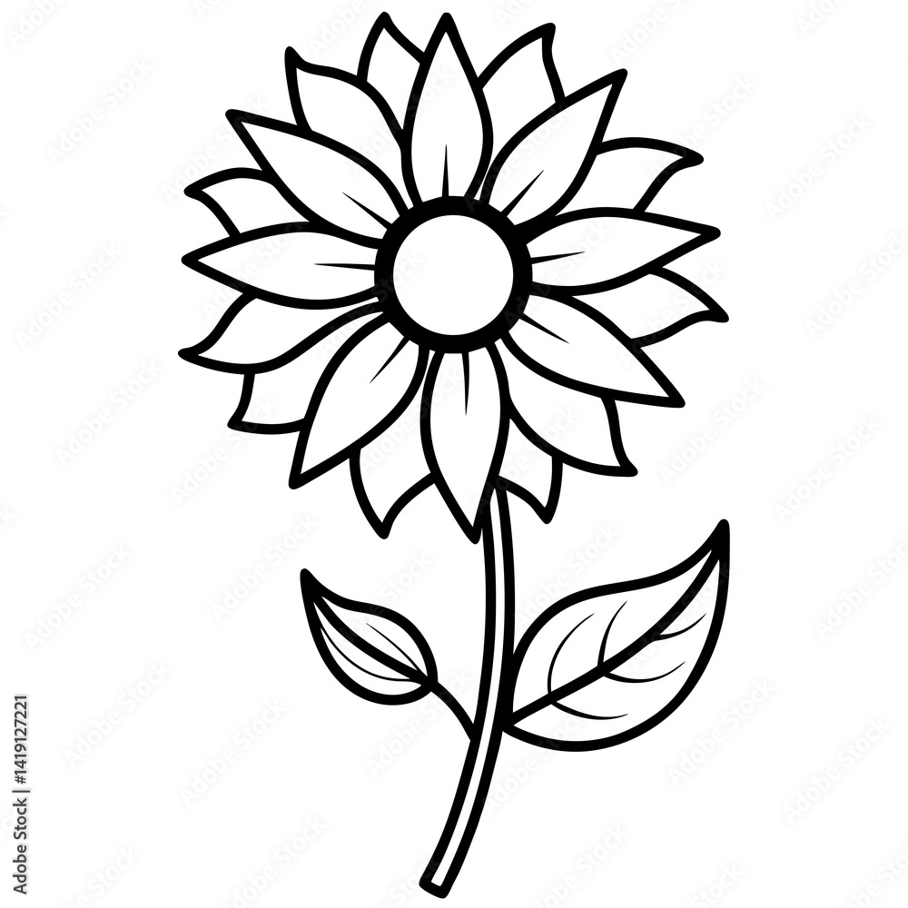 Fototapeta premium sunflower with 2 leaf line art vector illustration on white background
