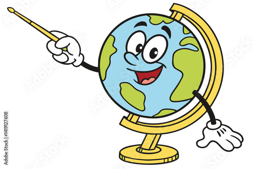 50 Cartoon globe character, smiling face, animated Earth, desktop globe stand, yellow base, blue oceans, green continents, white gloves, pointing finger, geography education, cheerful expression, worl
