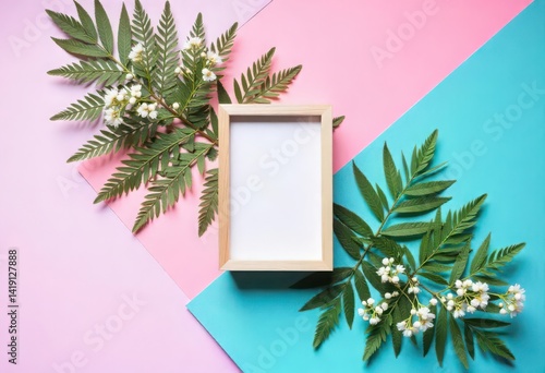 Blank white paper with flowers on colorful pastel background