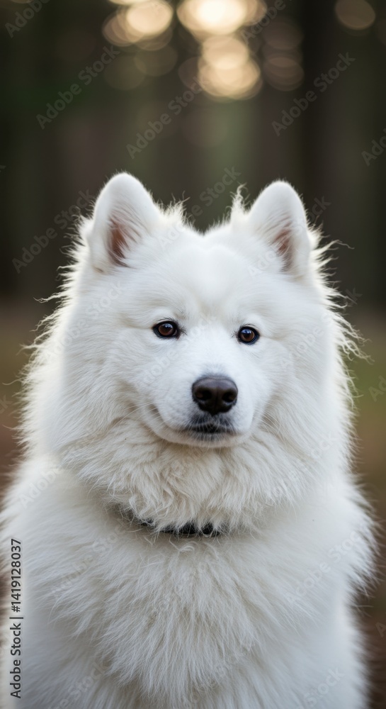 Obraz premium Portrait of a White Fluffy Samoyed Dog in a Forest