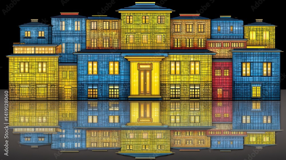 Reflective City Nightscape Colorful Buildings Illuminated at Night