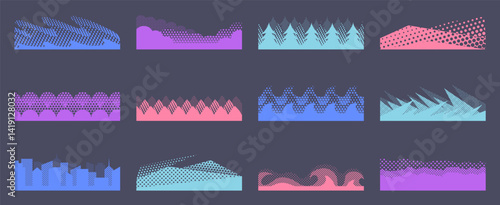 Halftone footer dividers. Layered page separators with dot pattern, horizontal banner backdrop and page break border decorations. Abstract dotted layers backgrounds vector set.