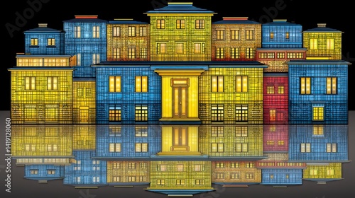 Obraz na płótnie Reflective City Nightscape Colorful Buildings Illuminated at Night w salonie