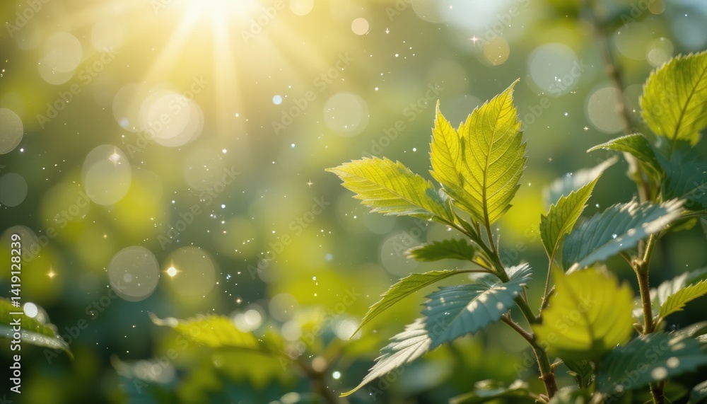 Obraz premium Basking in sunlight fresh green leaves in nature outdoor setting macro photography bright atmosphere peaceful viewpoint vibrant concept for seo impact