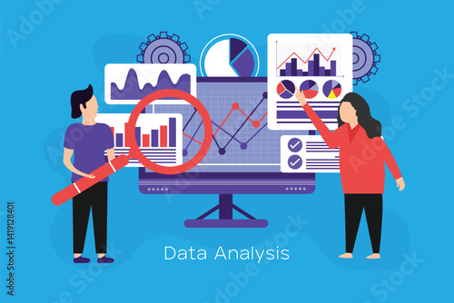 Team analyzing statistical data on monitor, representing business finance and data analysis concept