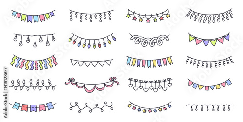 Hand drawn party garlands. Celebration buntings doodle, birthday party garland outline and hanging decorations with flags, holiday string lights, ribbons, stars, hearts and pennants sketch vector set.