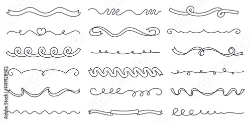 Curly confetti ribbon separator lines. Doodle curl decorative text dividers, hand drawn wavy line borders and sketch swirl underline ribbons. Outline page break graphics vector set.