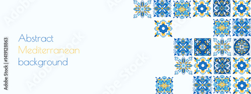 Italian blue and yellow tile pattern. Abstract background with Mediterranean Ethnic folk ornament. Portuguese azulejo, spanish majolica, arabesque motif. Vector illustration