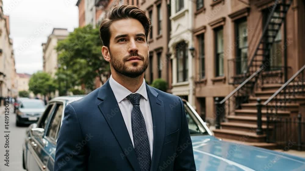 Handsome man dressed in classic suit standing on city street by vintage car Handsome man dressed in classic suit standing on city street by vintage car