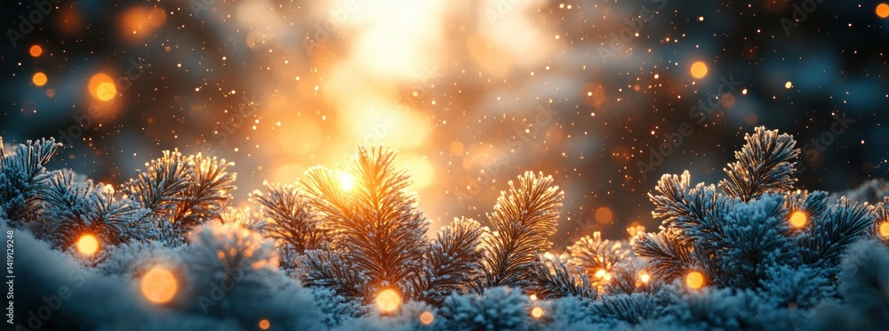Fototapeta premium Snowy Pine Branches with Warm Glowing Lights in Winter Wonderland