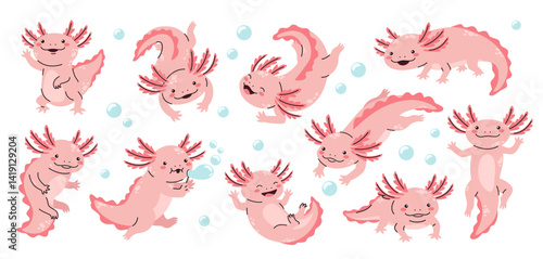 Cartoon baby axolotl. Cute pink axolotl characters, funny Mexican salamander and adorable smiling amphibian pets swimming, waving and playing underwater with bubbles. Kawaii animal vector set.