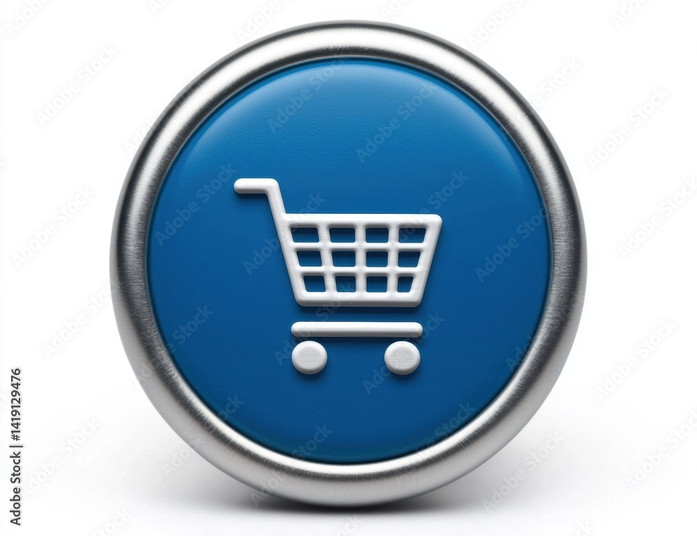 Shopping Cart Icon with Blue Background and Metallic Border Design Shopping Cart Icon with Blue Background and Metallic Border Design