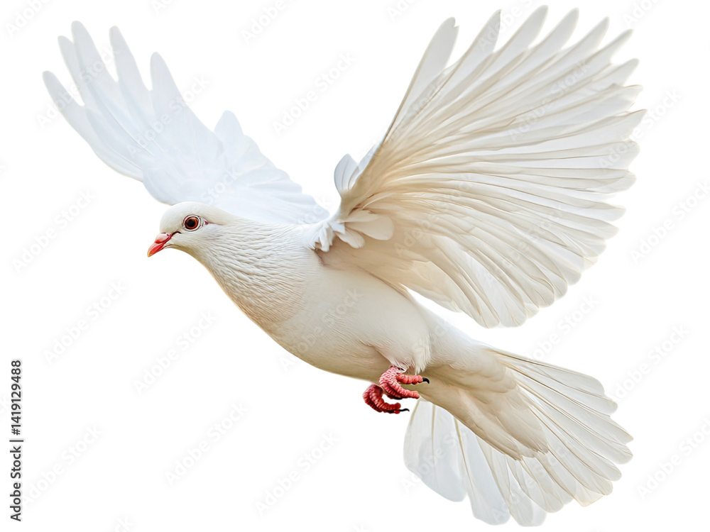 Fototapeta premium Majestic White Dove in Flight Graceful Wings Spread Wide Against Black Background