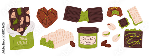Dubai chocolate. Trendy chocolate bar with knafeh and pistachios filling. White and dark chocolate candies and bars, sweet pistachio nuts confectionery cartoon vector illustration set.
