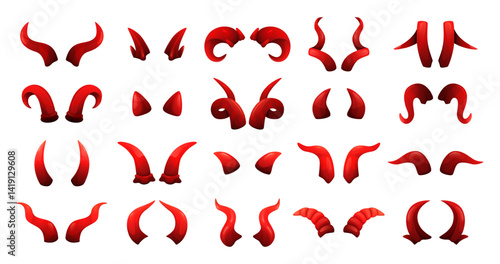 Halloween red devil horns. Demon, evil imp or satan horn shapes, monster fantasy accessories. Cartoon spooky beast horn pairs isolated vector illustration set.