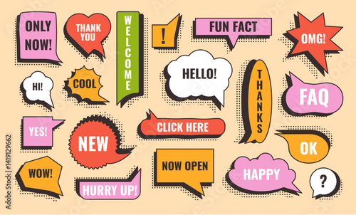 Pop art speech bubbles. Retro comic message bubble frames with 3d extrude effect, chat box stickers with halftone shadow. Dialogue clouds for sale slogans, short phrases and exclamations vector set.
