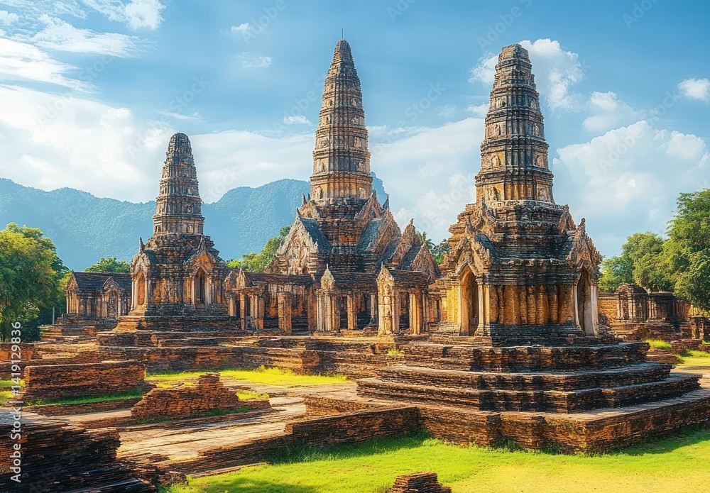Ancient Thai Temple Ruins at Wat Chaiwatthanaram Pagoda in Ayutthaya with Traditional Southeast Asian Architecture and Vibrant Natural Colors under Clear Blue Skies Ancient Thai Temple Ruins at Wat Chaiwatthanaram Pagoda in Ayutthaya with Traditional Southeast Asian Architecture and Vibrant Natural Colors under Clear Blue Skies