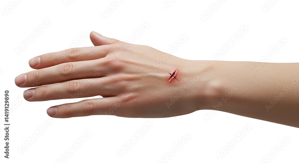 A puncture wound on the palm of a hand, high detail, white backdrop A puncture wound on the palm of a hand, high detail, white backdrop