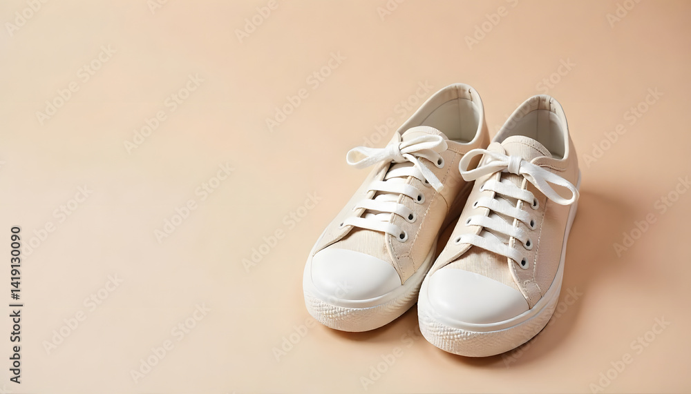 A close-up shot of a pair of beige sneakers with white laces, perfect for casual wear. A close-up shot of a pair of beige sneakers with white laces, perfect for casual wear.