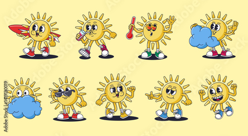 Retro cartoon sun characters. Summer mascot, groovy smiling sunshine character, hot weather and surfer sun 30s rubber hose animation style vector illustration set.