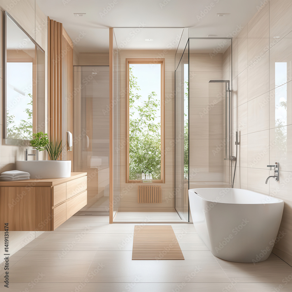 Modern minimalist bathroom with natural light and wooden accents Modern minimalist bathroom with natural light and wooden accents