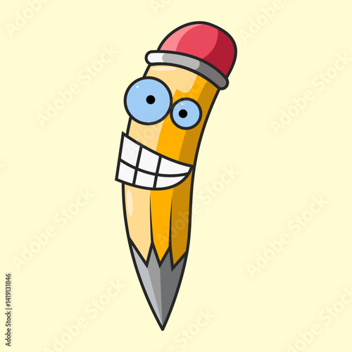 A cartoon pencil character with big, surprised eyes and small arms, featuring a pink eraser and a wooden tip, standing against a white background.