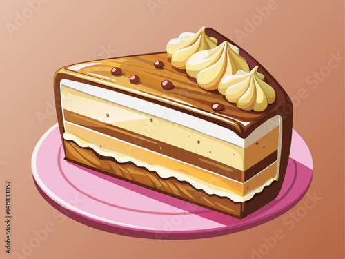 A professional vector of a creamy cake slice with rich textures and realistic detail, placed on a solid pastel pink background