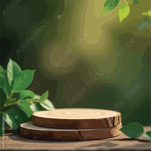 A wooden table product display with lush green garden background of grass, leaves and blurred foliage.