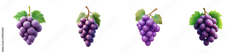 Fototapeta premium Juicy Grapes with Leaves, Purple Color, Sweet, Fruit, Food, Cut Out Transparent